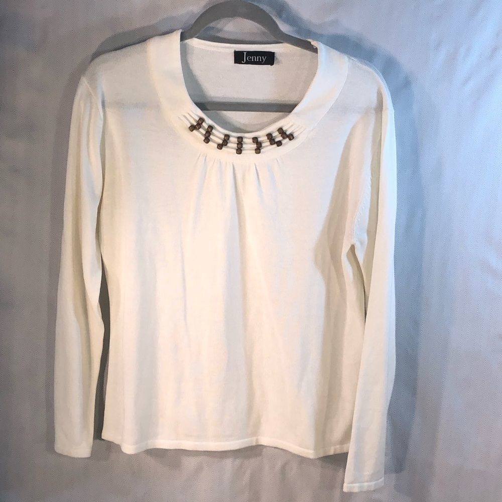 Jenny Cream Crew Neck Long Sleeve Sweater Decorative Wooden Beads @ Neckline XL👍